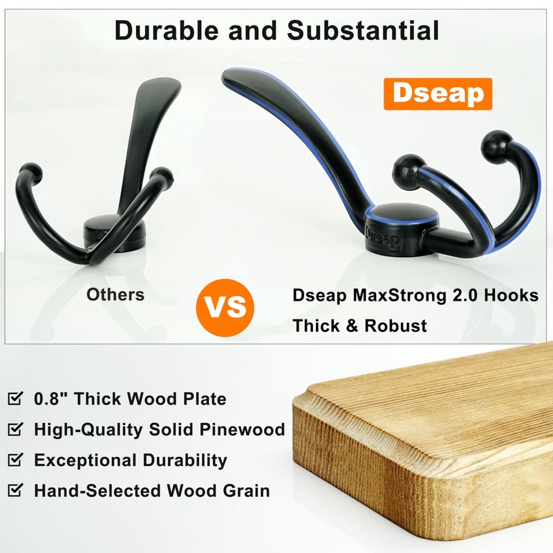 Dseap Coat Rack Wall Mounted - 5 Tri Hooks, Heavy Duty, Wooden Wall Coat Hanger Coat Hook for Clothes Hat Jacket Clothing, Black - Image 3